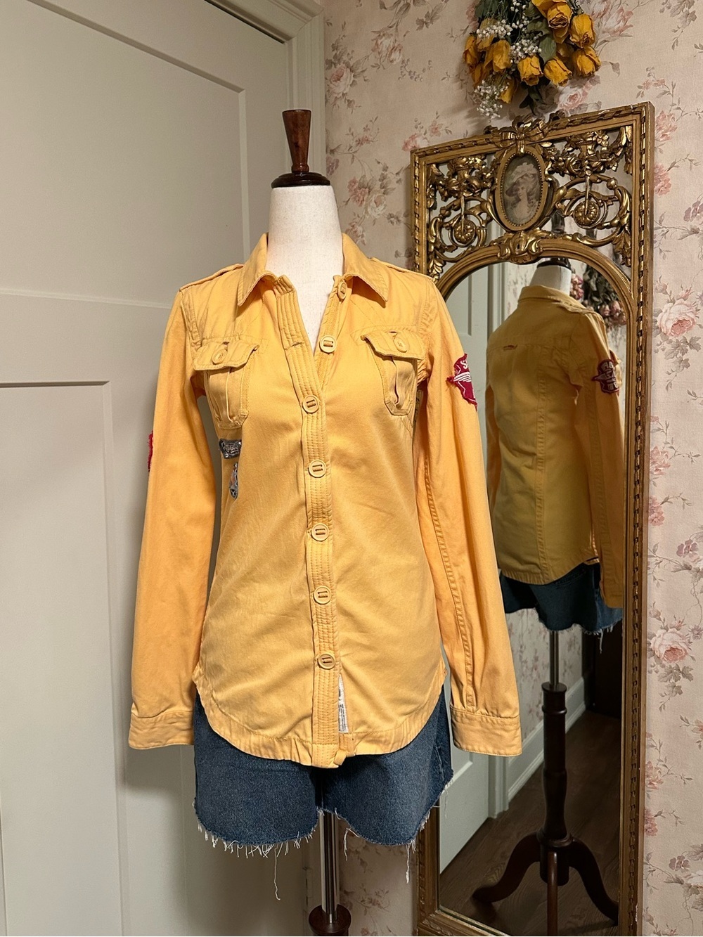 Superdry Shirt Rookie Top Military Chic Yellow Patches Small S Y2K